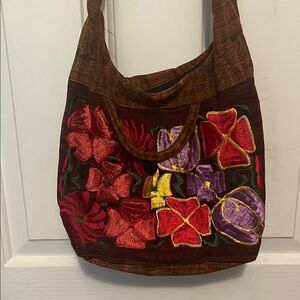 Floral Embroidered Brown Tote Bag